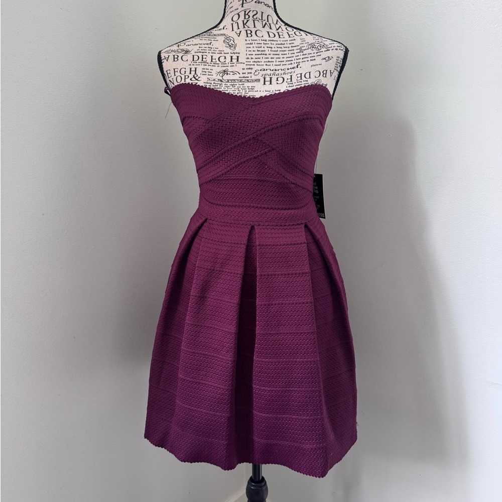 Express Strapless Pleated Fit-and-Flare Dress in Deep Plum